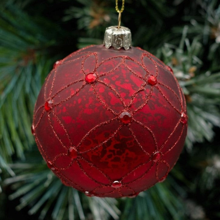 8cm Antique Red Round Glass Bauble - Glitter Swirl