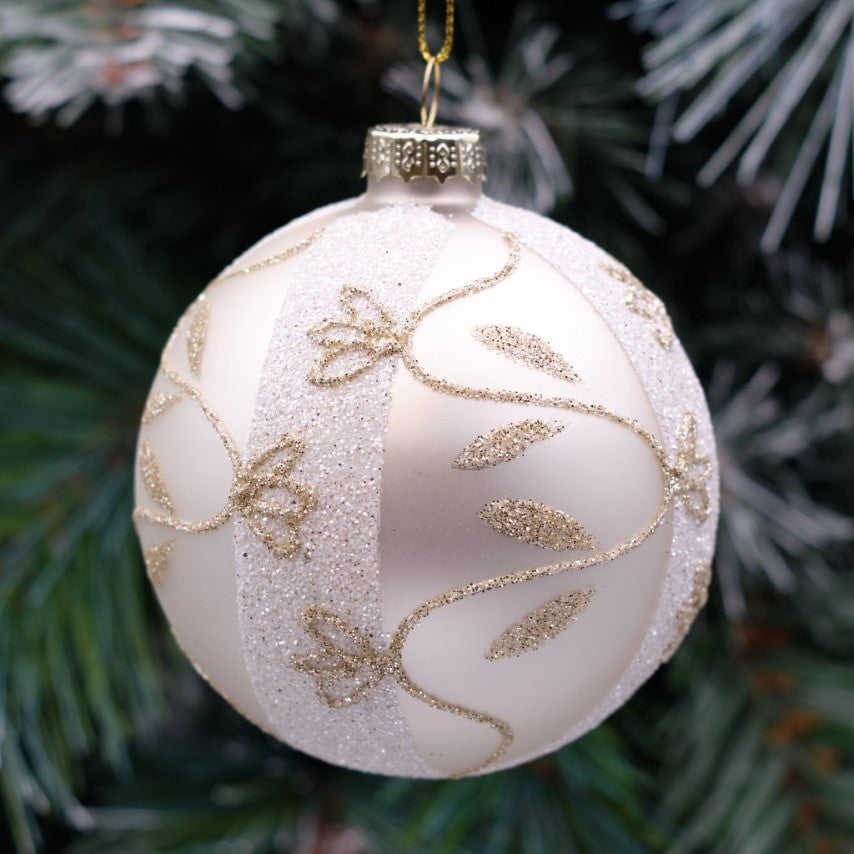 8cm Champagne &amp; Cream Round Glass Bauble - Leaf Design