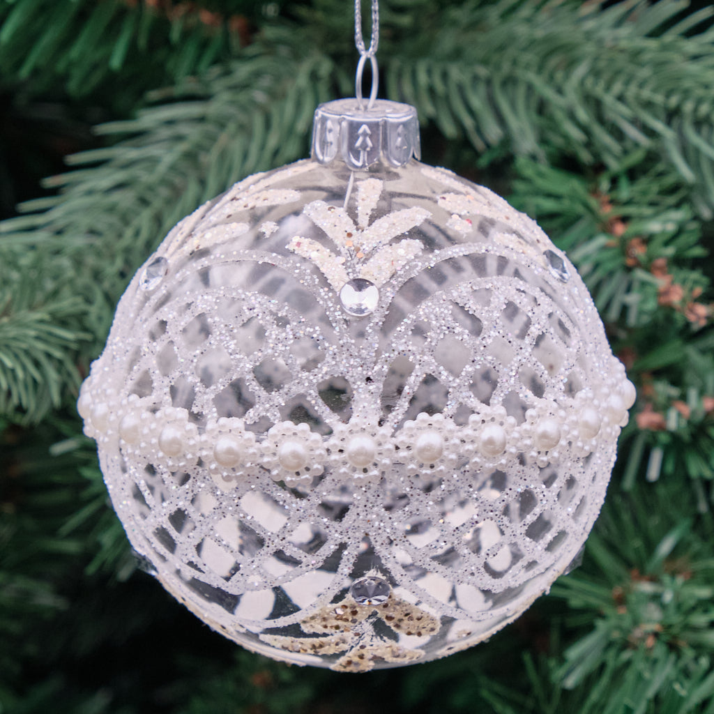 8cm White &amp; Clear Round Glass Bauble - Lace Band