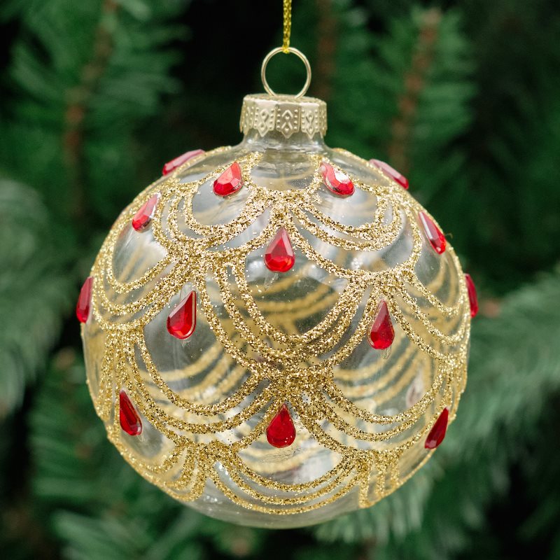 8cm Red &amp; Gold Round Glass Bauble - Jewelled Lace