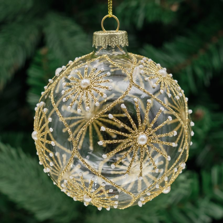 8cm Champagne &amp; Clear Round Glass Bauble - Starburst Flowers