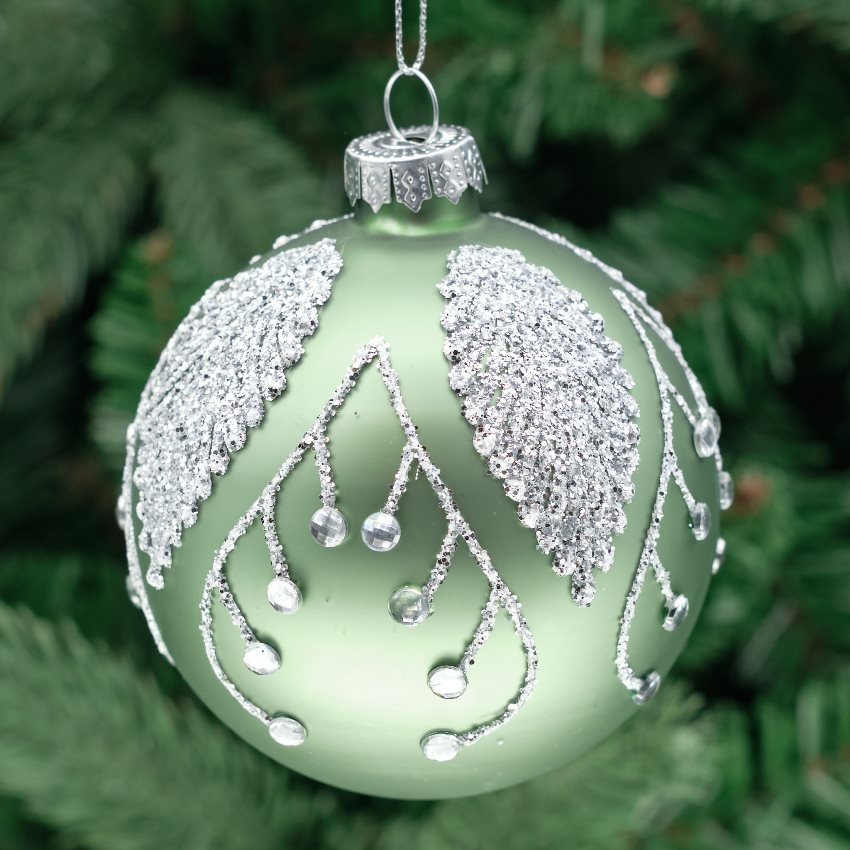 8cm Green &amp; Silver Round Glass Bauble - Beaded Drops