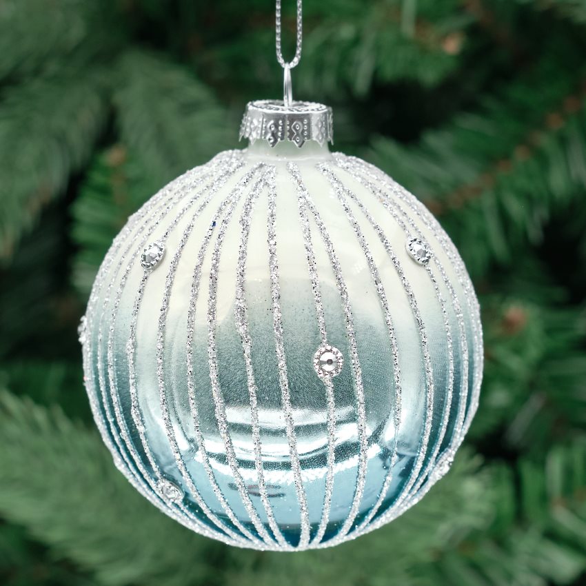 8cm Blue &amp; Silver Round Glass Bauble - Ombre Ribs