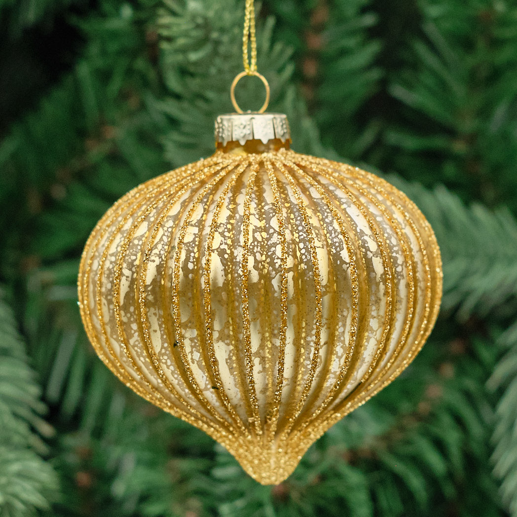 Autumn Gold Shaped Glass Bauble - Glitter Ribs