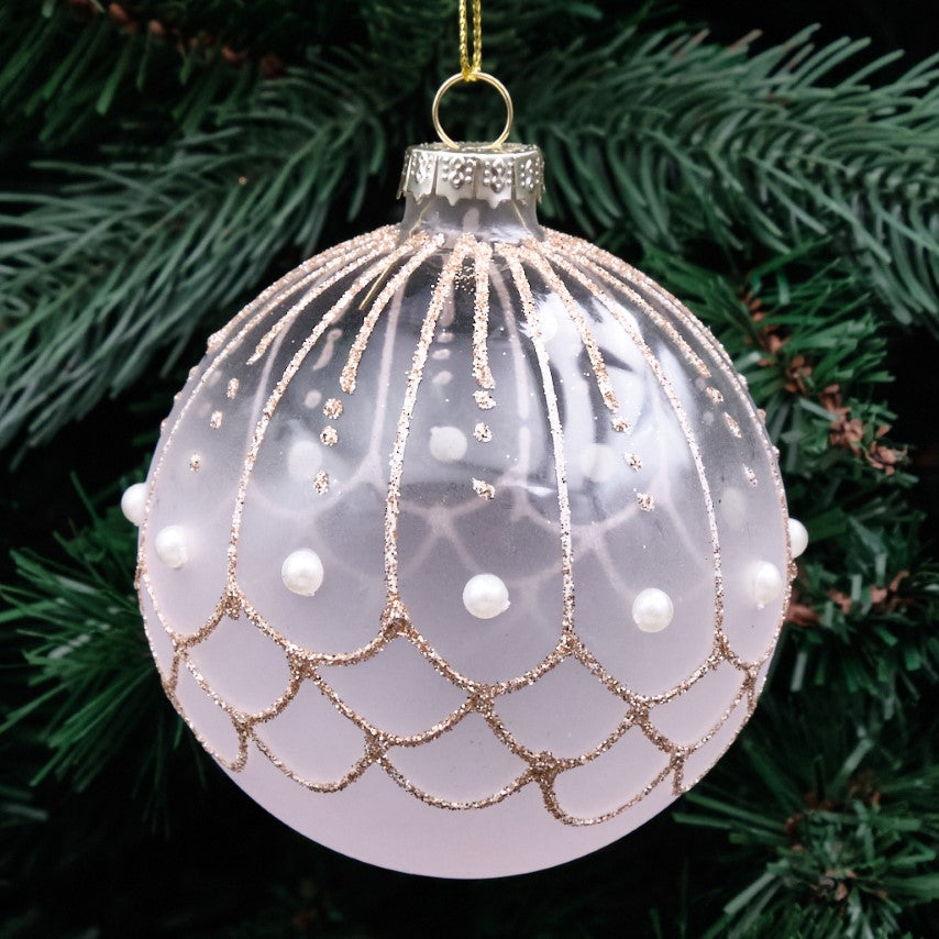 8cm Pale Pink Round Glass Bauble - Beaded Swags