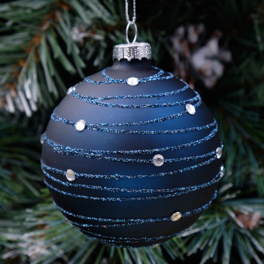 8cm Dark Blue Round Glass Bauble - Beaded Stripes