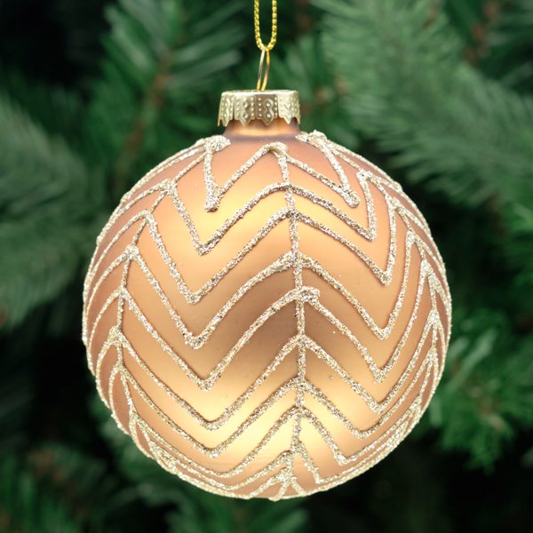 8cm Soft Bronze &amp; Champagne Round Glass Bauble - Chevron