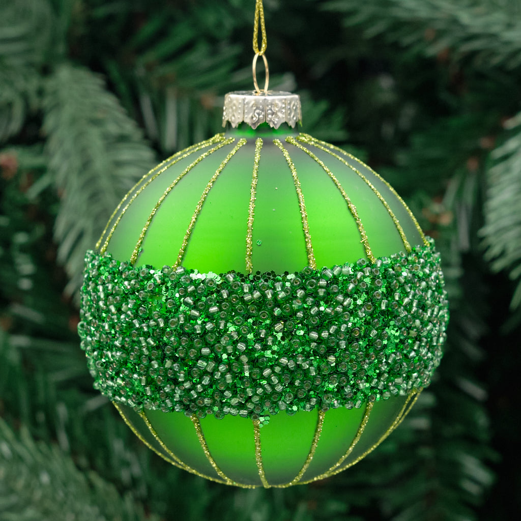 8cm Green Round Glass Bauble - Glitter Dip
