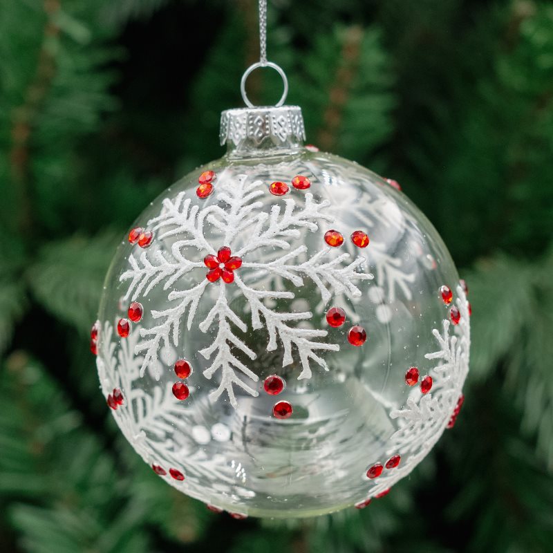 8cm White &amp; Red Round Glass Bauble - Snowflakes