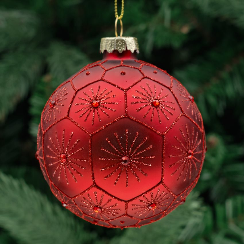 8cm Red Round Glass Bauble - Glitter Starburst