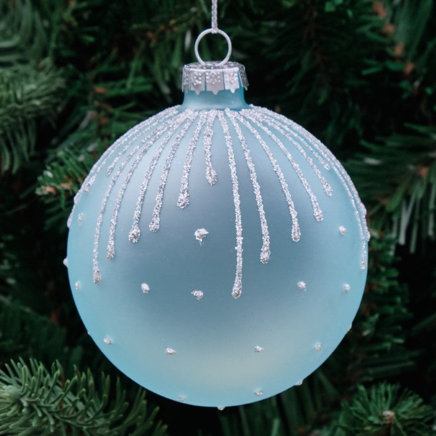 8cm Blue &amp; Silver Round Glass Bauble - Frosted Droplets