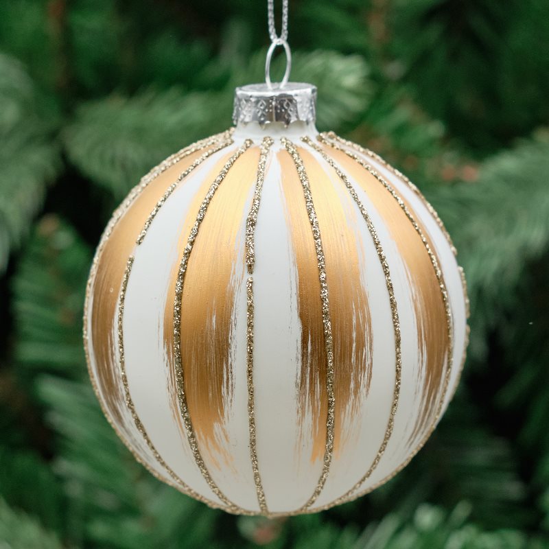 8cm White &amp; Champagne Round Glass Bauble - Vertical Stripes
