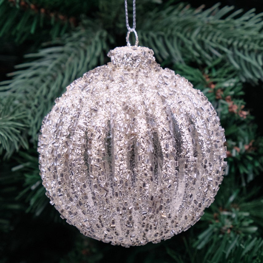 8cm Champagne &amp; Clear Round Glass Bauble - Glitter Ribs