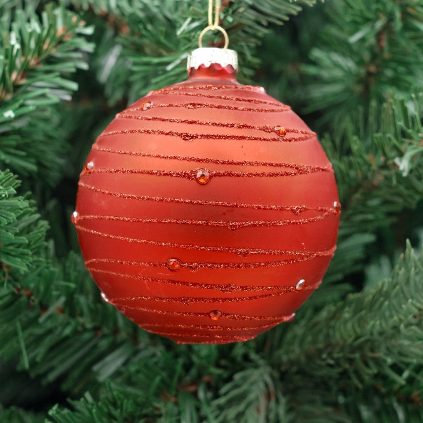 8cm Red Round Glass Bauble - Glitter Stripes