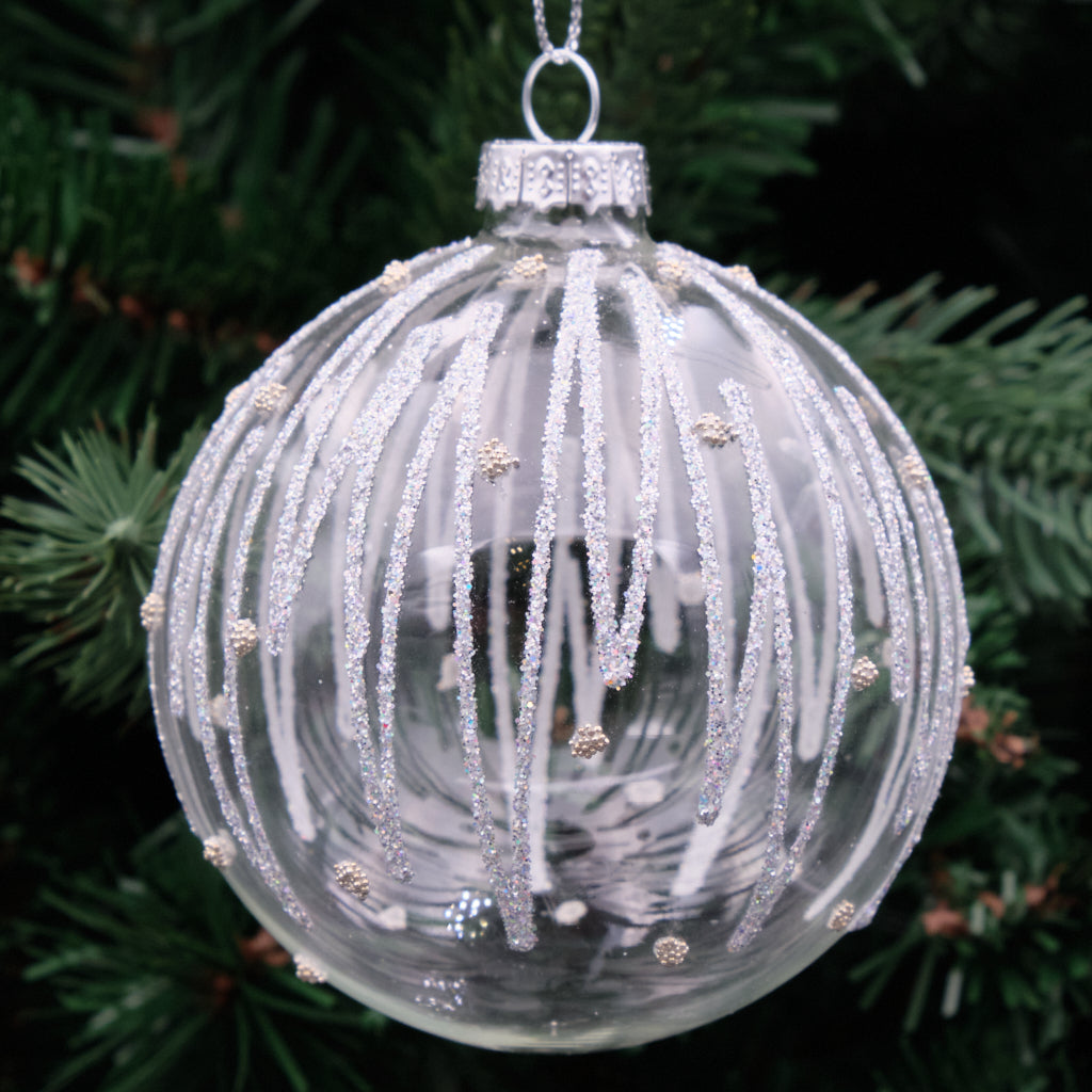 8cm Silver &amp; Clear Round Glass Bauble - Icicle Ribs