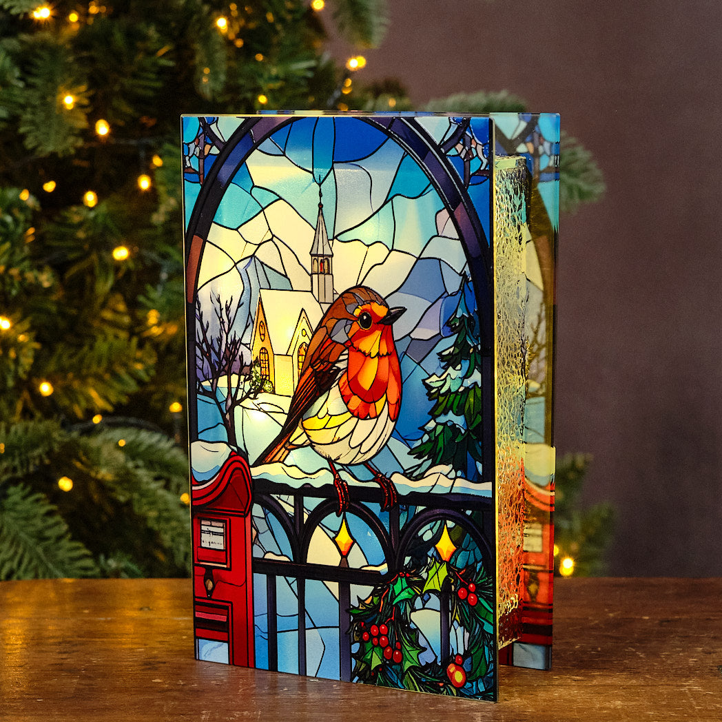 Robin on Gate LED Stained Glass Lamp
