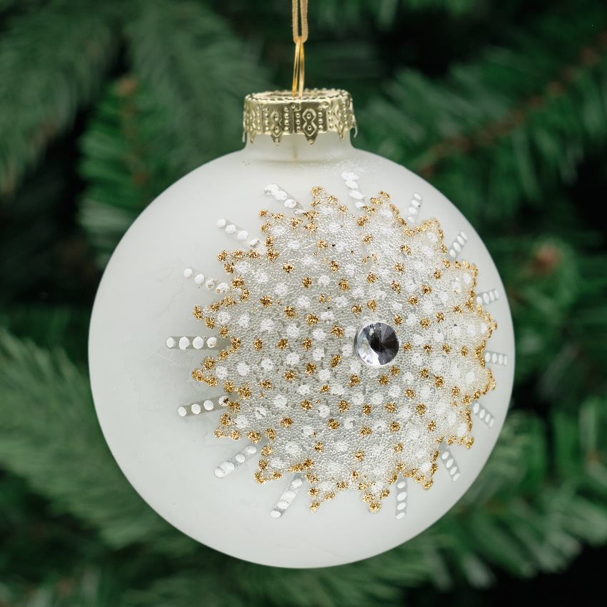 8cm Champagne &amp; Cream Round Glass Bauble - Jewelled Star