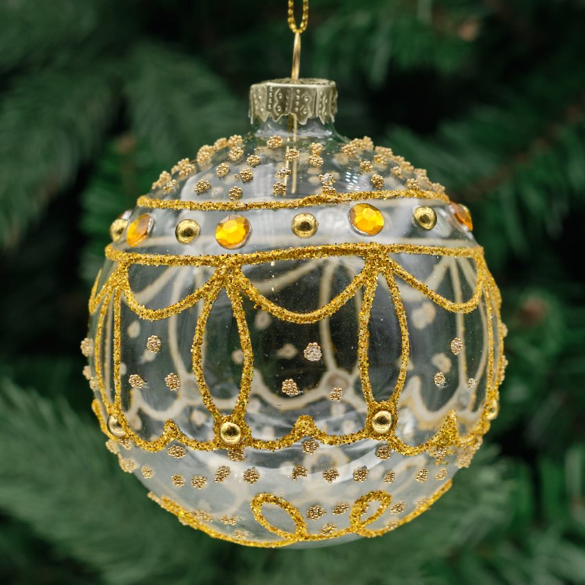 8cm Champagne &amp; Clear Round Glass Bauble - Jewelled Garlands