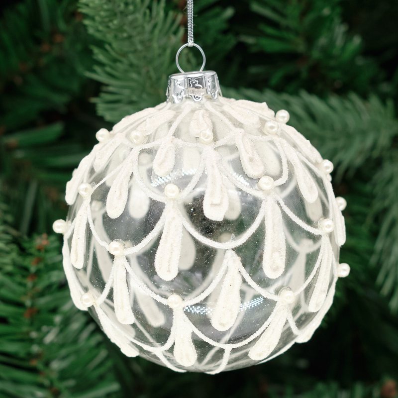 8cm White &amp; Clear Round Glass Bauble - Scallop Design