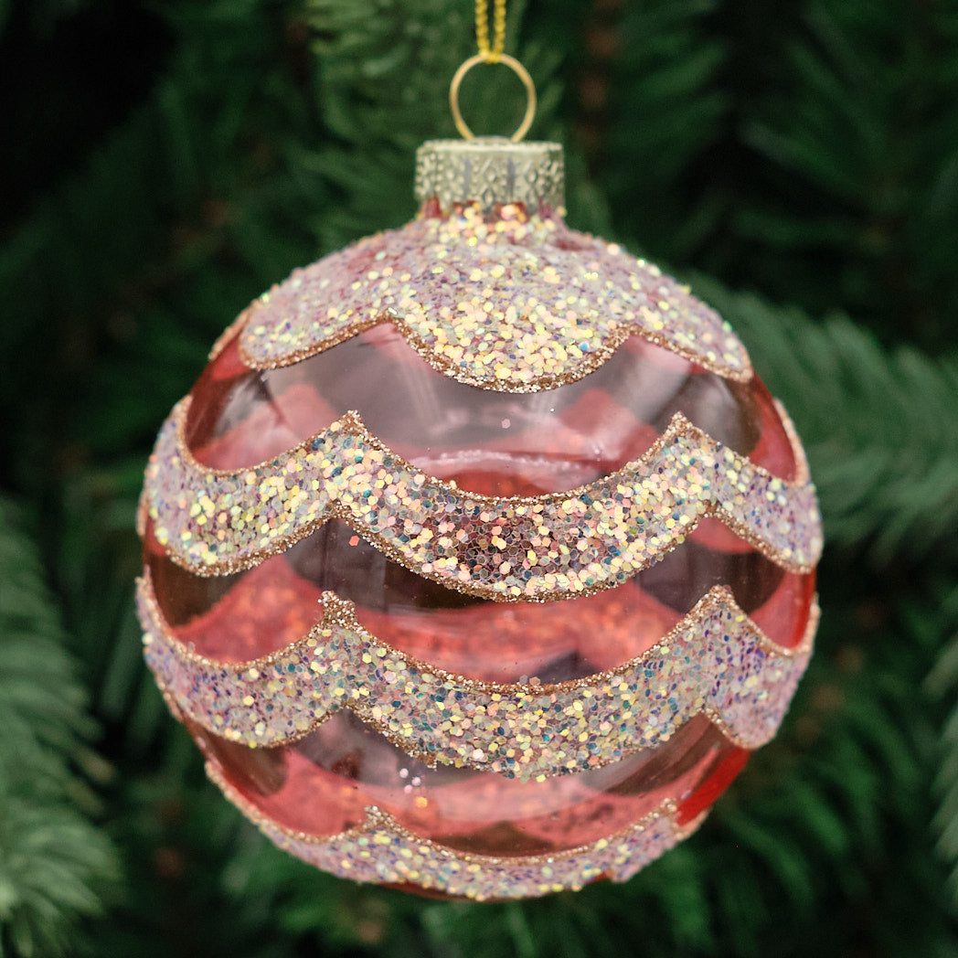 Pink Round Glass Bauble - Scalloped Glitter Bands