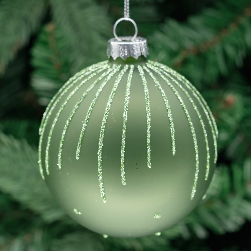8cm Green Round Glass Bauble - Cascading Glitter